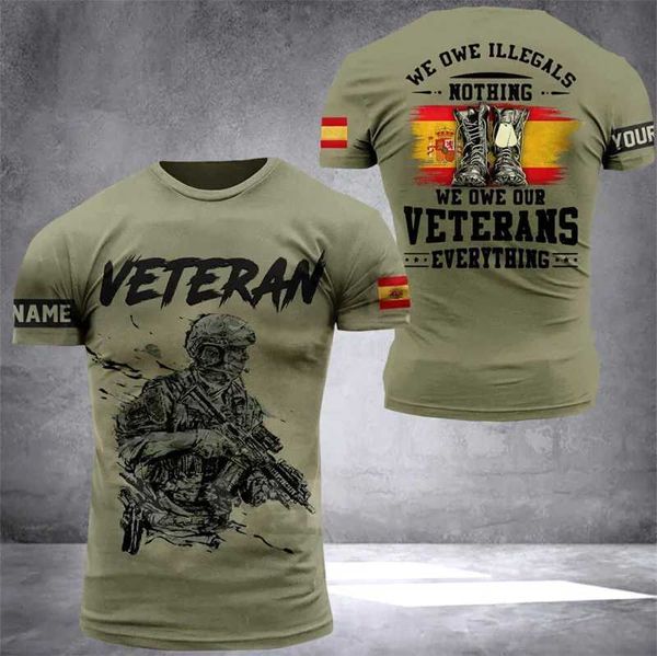 Camisetas masculinas bandeira 3D da Espanha Casaco de Impressão do Exército Camista Camuflando SLVS curtos Moda Moda Sodier Militar Harajuku Roupas T240506