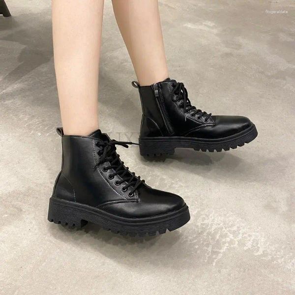 Boots Women Boot 2024 Plus Size Motorcycle Angul Platform Anti Slip Lacing Black Leather Oxford Sports обувь
