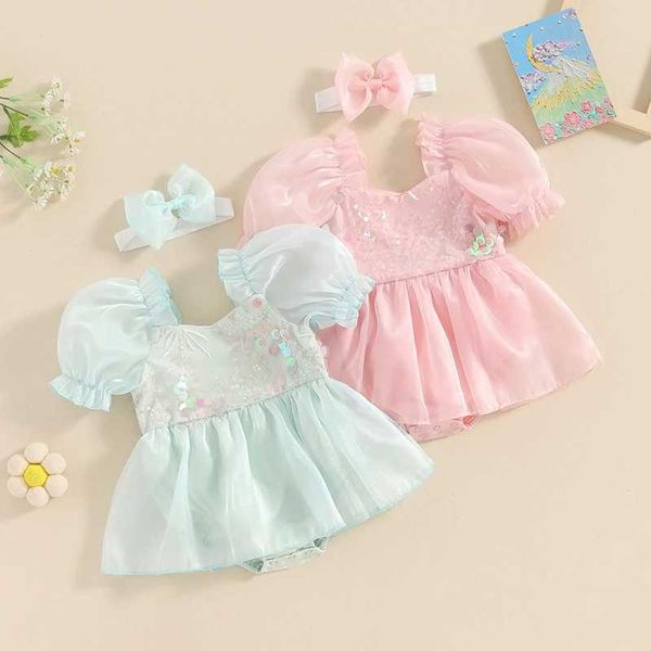 Kleidungssets Baby Girls Pailletten Kurzarm Organza Rock Saum Kleid mit Stirnband -Sommerstücken für Monate H240507