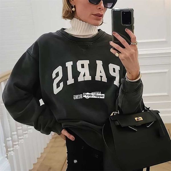 Pirata Hippie lavado Black Graphic Sweetshirts Woman Autumn Cotton Classic Pullover Casual City City Letra desbotada Hoodies Top 211130 269E