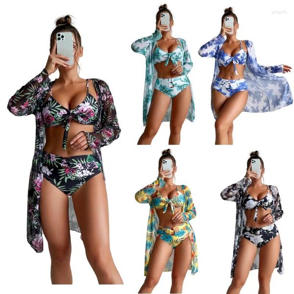 Kadınlar Mayo 3 PCS Bikini Set Kadınlar Kız Pelerin Sütyen Şort Yaz Tatil Plajı Tatil Seksi Güneş Koruma Sporları Yüzme Üniforması