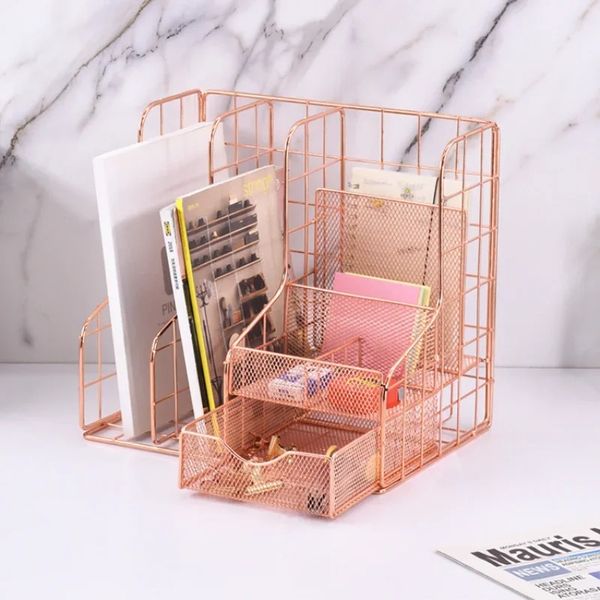 Multifunktional Rose Gold Magazine Holder 6 verschiedene Kompartimente Dokumente Speicherhalter Datei Organizer Book Holder