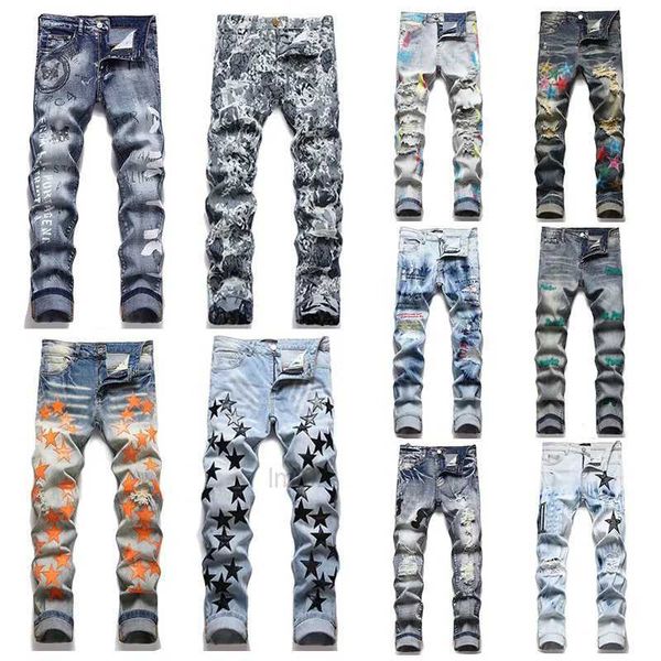 Jeans maschile designer jeans ricamo hip hop joker joker denim maschi root buco patch elastico piedi sottili matita