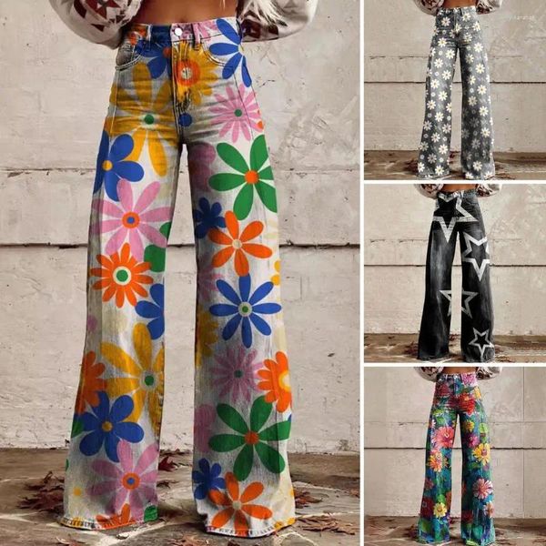 Pantaloni da donna Donne in stile vintage con tasche a gamba larga con stampa floreale gamba larga pantaloni retrò per gambe per