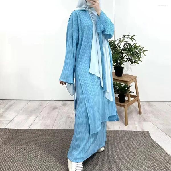 Ethnic Clothing Co Ord a 2 pezzi Set di strisce pieghettate Ramada donne islamiche modeste abaya sciolte tuniche laterali split di grandi dimensioni baju kurung