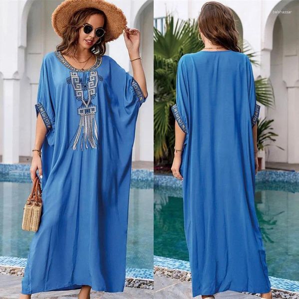 Свободный синий бохо припечатка Kaftan Beach Tunic Crest Up Saida de Praia Swimsuit Женщины бикини Pareo Sarong Bearchwear