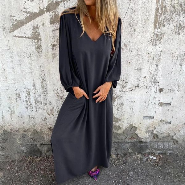 Abiti casual Donne Donne Summer Solido Maxi Abito Sleeve Short Deep-Neck Long Female Boho Hippie Sexy Beach