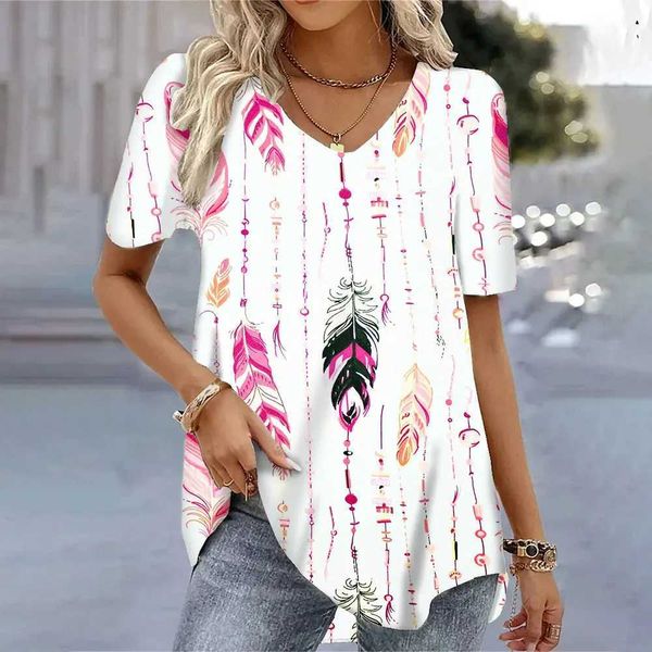T-shirt femminile Trendy Trendy T-shirt stampato in 3D Toplette estate a V Slie Sles Slitte Magliette sciolte per la donna Abiti di vendita a caldo S-5XL D240507