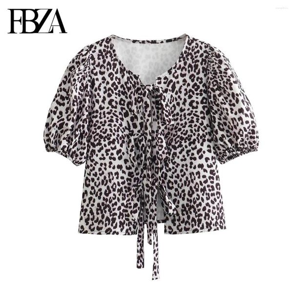 Женские блузки Женские модные лето -леопардовый узел узел с короткая рукав круглая шея блузя уличная рубашка