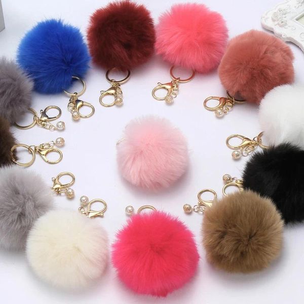 Chaves de chaves de peles falsas de peles -chave Faux Pompom Bag Pinging Keychain Chainás de cor de ouro