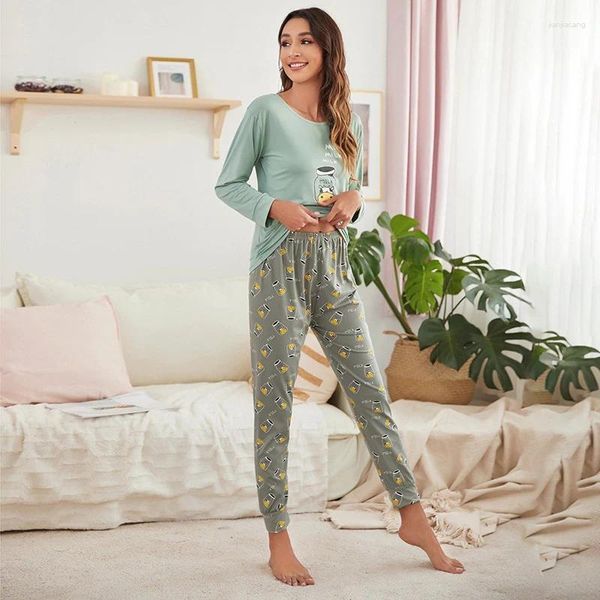 Mulheres para sono feminino Autumn Women Women Pijamas Set Padatão de desenho animado Pijamas de manga longa Terne Milk Milk Silk Home Lounge Wear Pijamas Pijama