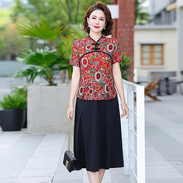 Lässige Kleider Asian Style Patchwork Button Midi Kleid Female Kleidung Vintage gebrochene Blumen Kurzarm Elegante A-Linie