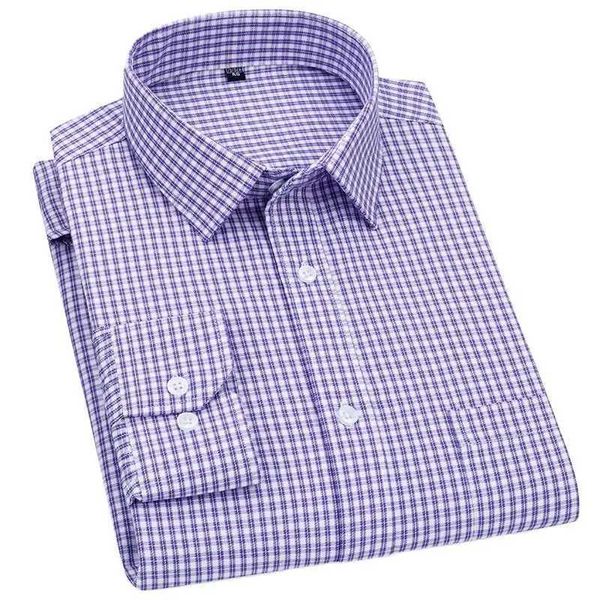 Herren -Hemdhemden Herren Langschlitten Shirt Business Casual Classic Plaid Stribed Checked Blue Purple Social Hemds für Man Button Shirt D240507