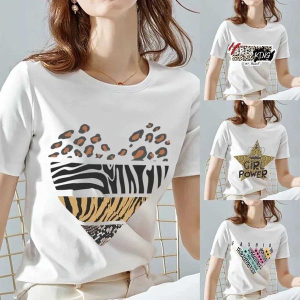 Camiseta feminina camiseta feminina mulher verão novo lesão curto leopardo roupas estampas de t-shirt harajuku roupas gráficas de mulheres top lutas femininas d240507