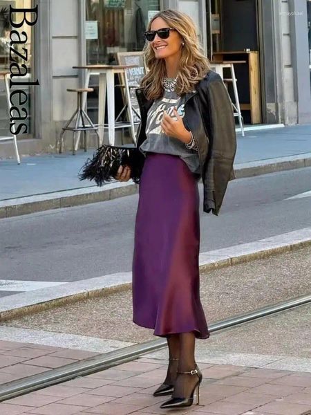 Röcke 2024 Laden eleganter elastischer Taille A-Line-Rock lange Kleidung sexy lila satin midi offizielle