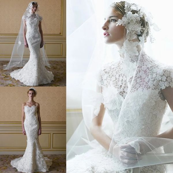 Multi -Style -Full -Spitzen -Brautkleider 2024 Sommer Schatz Meerjungfrau Brautkleider mit hohen Halsjacke bodenlange Hochzeitskleider