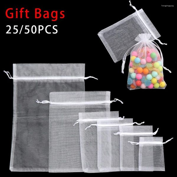 Geschenkverpackung 25/50pcs weiße Kordelzug Tasche Zeichnung Süßigkeiten Beutel Organza Gaze Beutel Taschen Schmuck Verpackung Weihnachtsfeier Supply