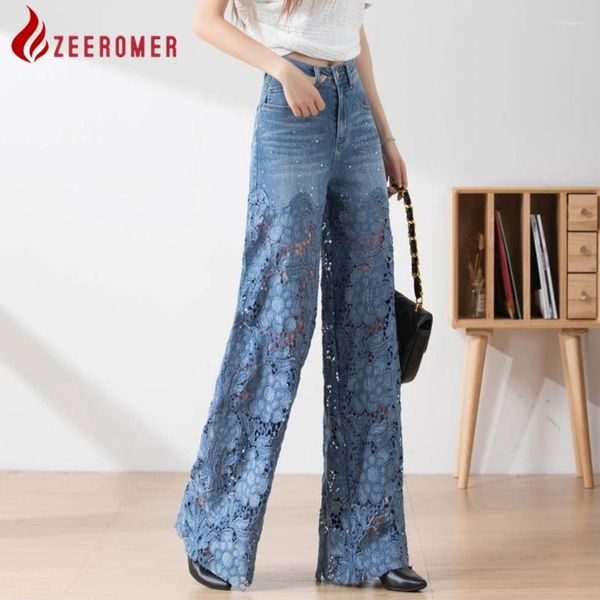 Frauenhose 2024 Mode elegante hohe Taille Spitze Patchwork -Jeans Pantalones Frauen lässig Hohl