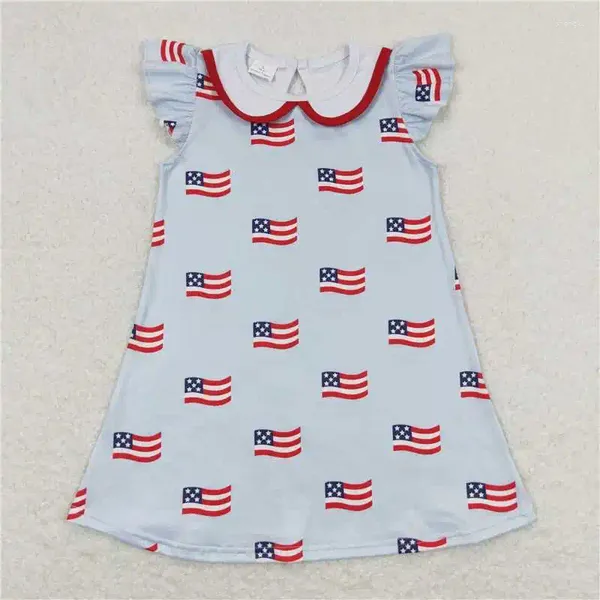 Roupas Defina o verão American Flag American Dollar White Colar Blue Flying Sleeve Dress Rodper Boutique Children 4 de julho Roupas infantis