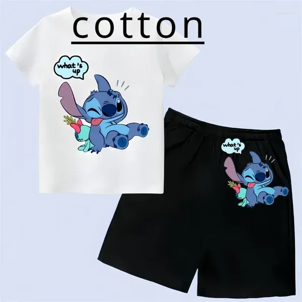 Giyim Setleri Stitch'in Bölge Erkek Kızlar Karikatür Pamuk Tişört ve Şort Çocuk Seti Giysileri Yaz Kid Marka Tee Sport Takım Kıyafetleri