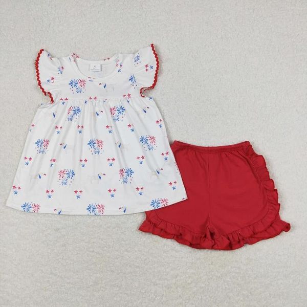 Kleidungssets Großhandel Baby Girls Sommer Kurzärmeles Hunde Stars Tunika Kleinkind 4. Juli Kinder Set Kinder Red Ruffle Cotton Shorts Outfit