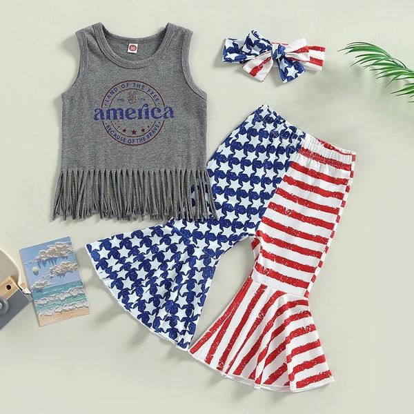 Kleidung Sets Independence Day Kinder Mädchen Kleidung Kleidung Sommer Quaste Tank Tops und Stretch Casual Stree Stripe Flared Hosen Stirnband