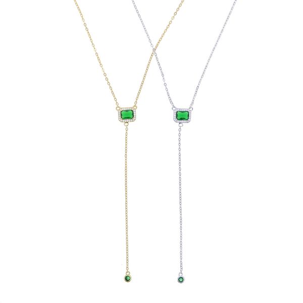 Novo Real 925 Serling Silver Square Green Drop CZ Zircão cúbico Sexy Y lariat Chain Long Clavicle Chain Multi Chaker Charklace Jewelry