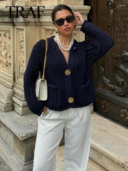 Damen-Strick 2024 Frühlingsfrau Mode Vintage Navy Tops Coats O-Neck Long Sleeve-Taschen Einerbrustes weiblicher Strickjacken Pullover