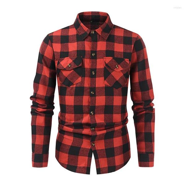 Camicie casual maschile 2024 uomini Plaid Plaid Spring Fashion Long Doppio camicia tascabile camicia chimica homme