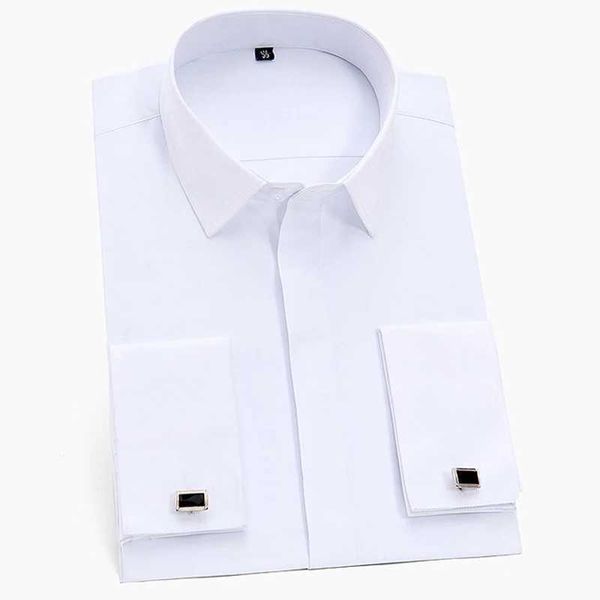 Camisas de vestido masculinas Mens Classic Hidden Buttons French Dress Dress camisa de vestido sólido Business Standard-Fit Long Sle Circhas (Cufflink incluído) D240507