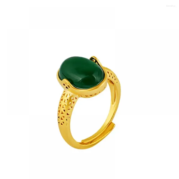 Anelli a cluster Hoyon Real 24k Gold Color Natural Jade Anello per donne Processo di inlay Apertura di gioielli regolabili