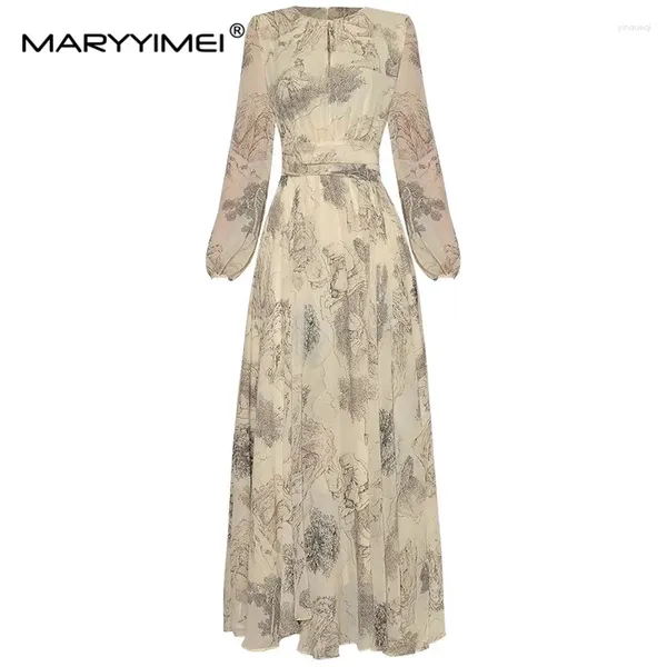 Lässige Kleider Maryyimei Modedesigner Frauen 2024 Spring Round Hals Lantern Langarmed hohe taillierte Ballkleid Seidengedruckte Kleid