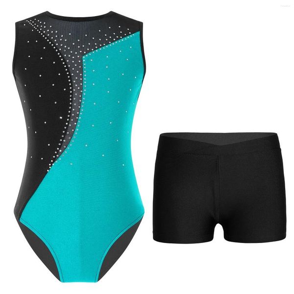 Roupas conjuntos de roupas garotas dança de balé de banheiro figura patinamento figurina figurina sem mangas Shiny Rhinestones Yoga Ginástica Bodysit