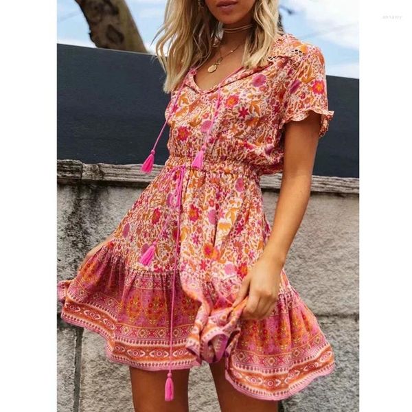 Вечеринка платья Ayualin a-line Lake Summer Vestidos 2024 Розовый цветочный принцип с коротким рукавом женский рукав Boho Beach Mini Dress Tunic
