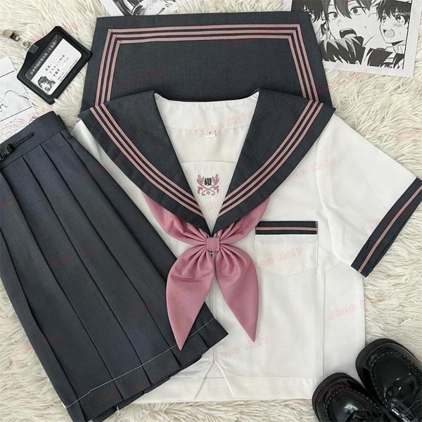 Roupas Defina o uniforme da escola japonesa menina jk marinheiro terno branco rosa Longshort Sleeve Skirt Pleated Spring Event Anime Cos Costumes