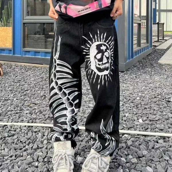 High Street Vibe Style Testa Skull Testa stampata Black Jeans Hip Hop Hop Driver Leg Design Pants