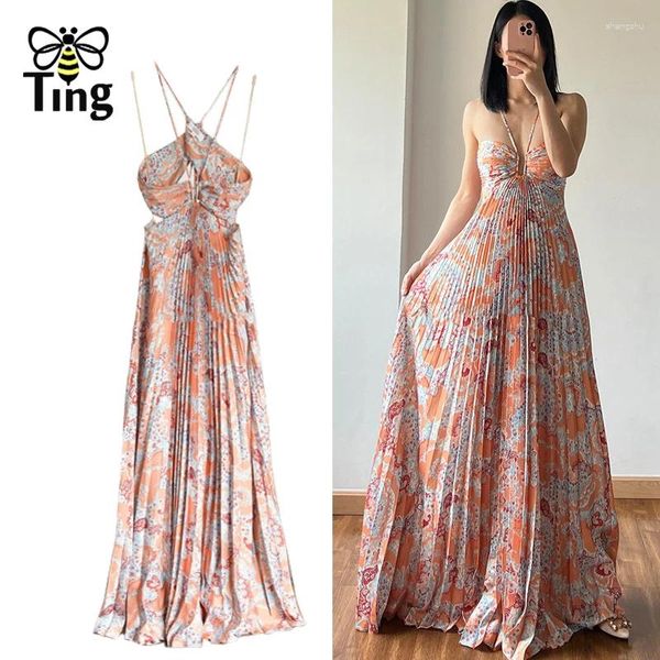 Vestidos casuais tingfly mulheres verão sexy aberto lacta up estampa floral plissado maxi festa noite