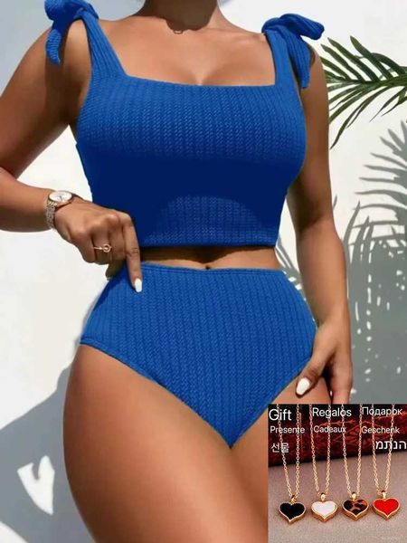 Mutade feminina 2024 Cantura alta biquíni feminino Brasileiro de maiô sexy grn tie up up strap ribbed push up swimwear maiô de banho dê um presente T240505