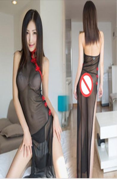 Schwarzes Mesh Seethrough Sexy Dessous mit sexy Halfterrock für Frauen verführerische lange Kleidung Qipao Europäischer und amerikanischer ausländischer TRA5023571