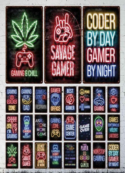 Pintura de metal Retro Tin Sign Sign Neon Art Gamer Boy jogando jogos comendo pintura Decoração da sala de estar exclusiva Metal Sign Board T2209745757