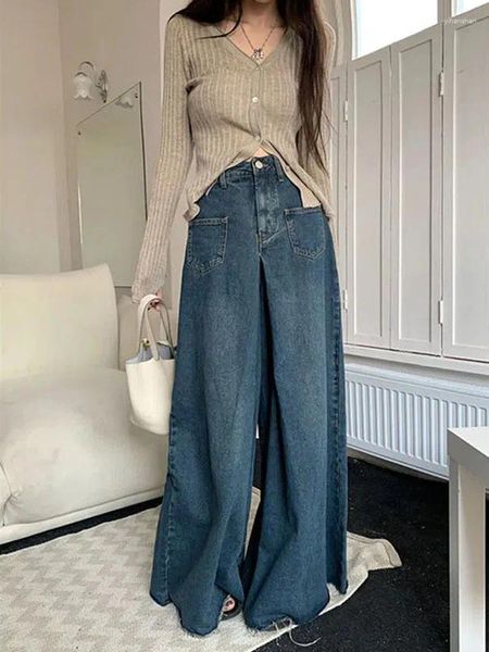 Женские джинсы Houzhou Vintage Denim Culottes Женщины широкие ноги в корейском стиле Элегантная синяя высокая талия Негабаритная женская уличная одежда Y2K