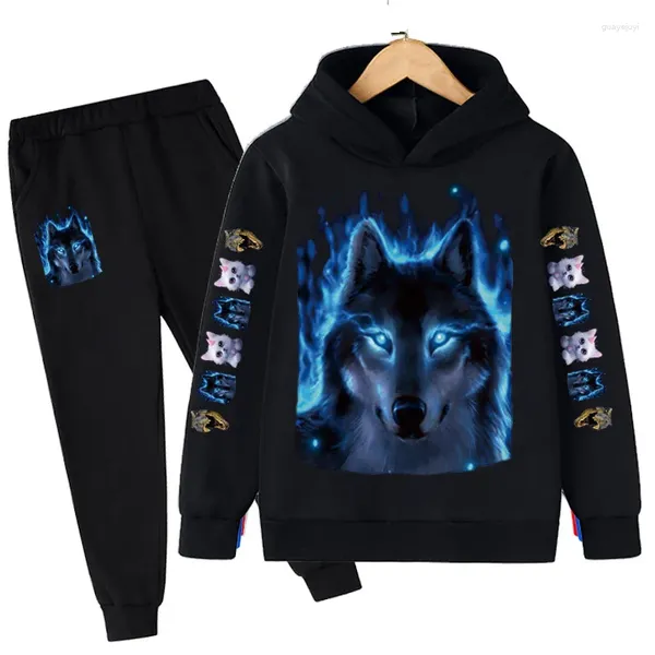 Kleidung Sets Boy's Cool Wolf Muster 2D bedruckte Kinderanzüge Herbst Kapuze Lose Long Sleved Casual Top Fashion Hosen