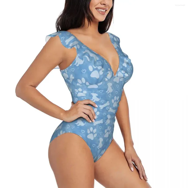 Frauen Badebekleidung Frauen ein Stück Badeanzug Blaue Pfoten Knochen und Herzen Frauen Schwimmbikinis Push Up Monokini sexy Rüschenbadeanzug