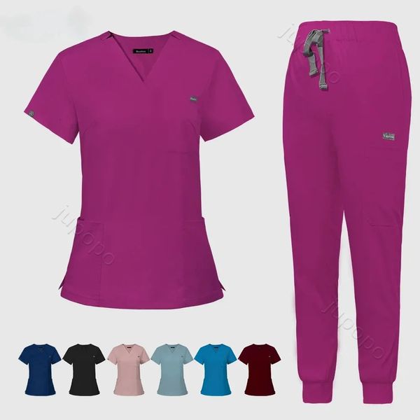 Multicolor Scrubs Uniform Sleeve Topssports de manga curta Uniforme de enfermagem Mulheres Pet Shop Doctor Scrub Scrub Scruing Workwear Scrub Conjunto 240428