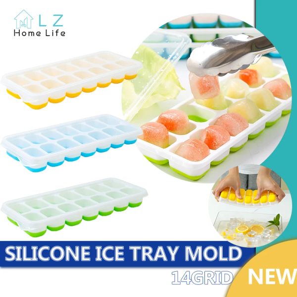 Инструменты многоразовый 14 полость кубика кубика Силиконовой креативная ледяная коробка Силиконовая кулер ледяной плесень с крышкой фруктовой морозильной коробкой