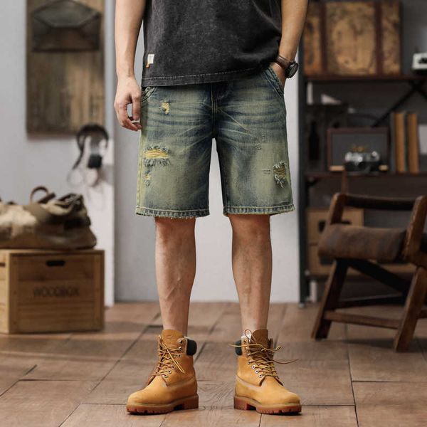 2024 shorts jeans angustiados para homens novas calças de perna reta soltas da marca Trendy Pi Shuai Fried Street angustiada e lavada