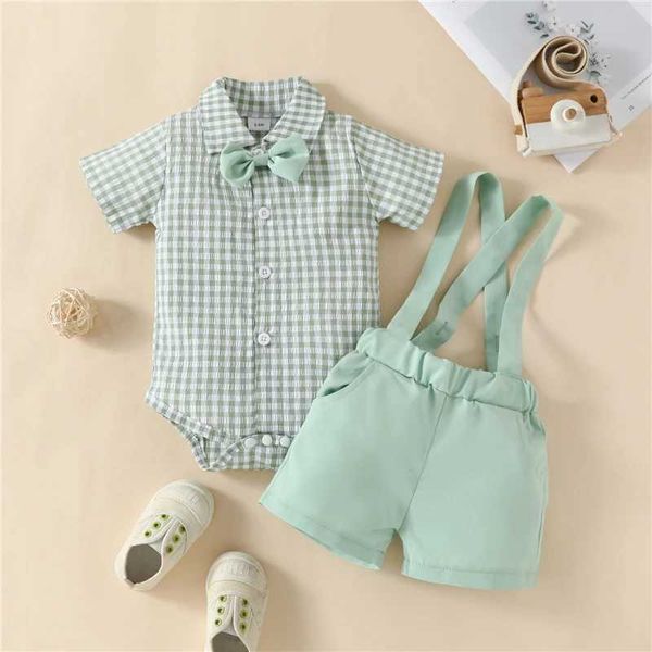 Kleidungsstücke Kleinkindkleidung Kind Jungen Gentleman Outfit Plaid Kurzarm Jumpsuit und lässige Stretch -Hosendrück Shorts Set H240507