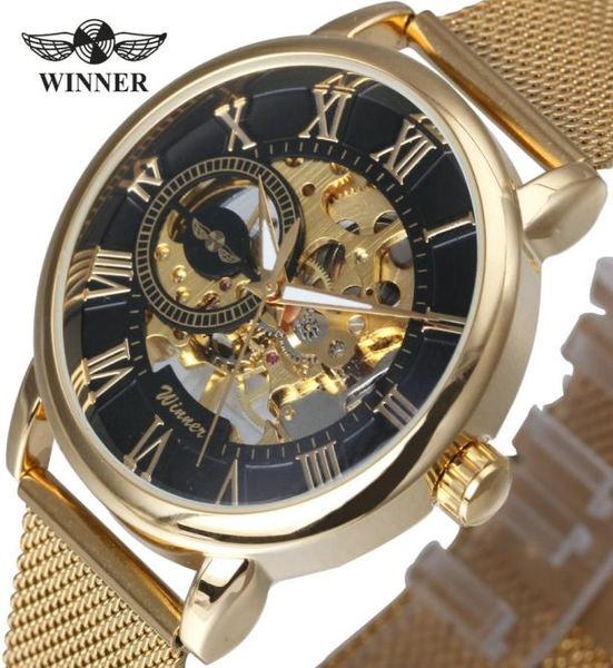 Kazanan En İyi Marka Lüks Ultra İnce Altın Erkekler Mekanik Saat Kafes Kayışı İskelet Dial Erkekler Klasik Business Twinner Wristwatch1008979