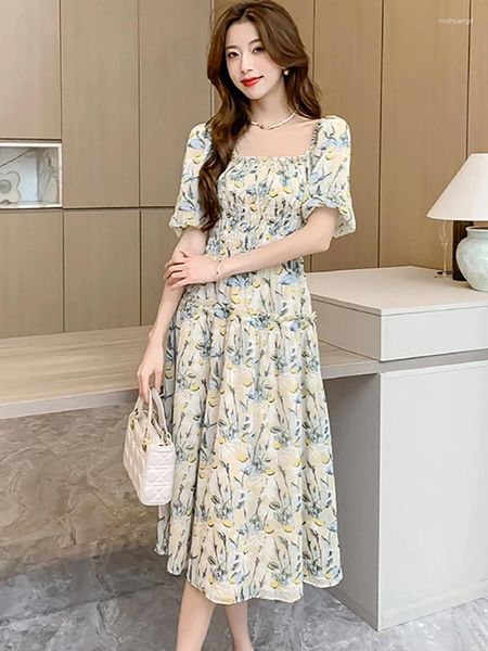 Vestidos de festa 2024 Floral Chiffon Puff Slave Square Collar Dress casual Summer Summer elegante estilo de praia chique feminino Moda coreana