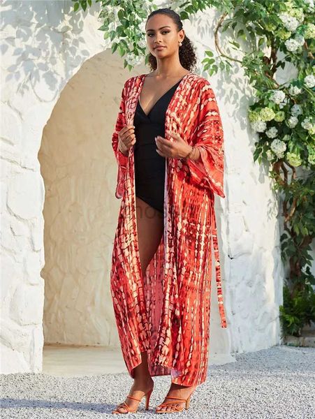 Women Beach Wear Wear Wear Long Kimono Swimsuit Copertura per donne Elegante tintura a tintura aperta Adattata per la spiaggia da bagno D240507